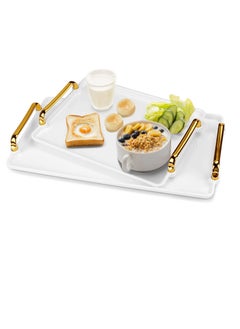 اشتري Serving Tray with Handles, White Plastic Serving Trays for Breakfast, Modern Nordic Style Coffee Table Tray, Decorative Trays with Gold Handles for Coffee Table & Living Room (2 Pcs) في السعودية