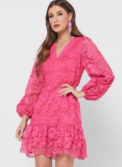 Buy Lace Insert V-Neck Dress in UAE