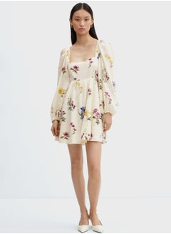 Buy Floral Print Balloon Sleeve Dress in UAE