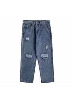 Buy 2023 Summer Ripped Jeans Mens Loose Fit Trendy Straight-Leg Blue in Saudi Arabia