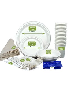 Buy Pack Of 100 Disposable Bagasse Plates Set, Compostable Party Supplies, Biodegradable Dinnerware Include Dinner & Cutlery Set, Utensils for Party, Picnic in UAE