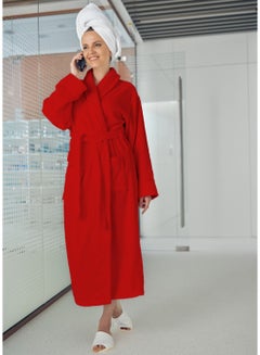 Buy 380 GSM Unisex Cotton Fleece Bathrobe Skin-friendly Breathable Nightgown Simple Hooded Home Clothes Red in UAE