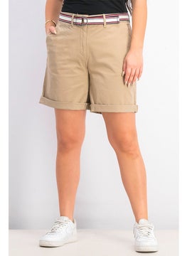 Buy Women Belted Slim Fit Bermuda Short, Beige and Khaki in UAE