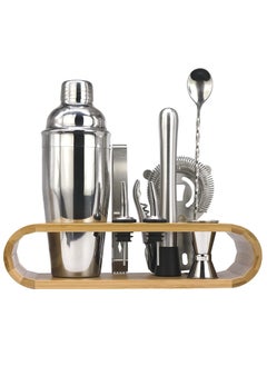 Buy Cocktail Coffee Shaker Set With wooden Stand Silver Stainless Steel in Saudi Arabia