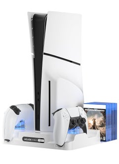 Buy Sony 5 Playstation 5 Stand with Cooling Station and DualSense Controller Charging Station for PS5 SLIM/PRO/DE/UHD, PS5 Cooling Fan with 8 CD holder and 3 Adjustable Fan Speeds (White) in UAE