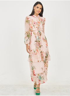 Buy Floral Print Button Loop Closure Tiered Maxi Dress with Self Tie Up in Saudi Arabia