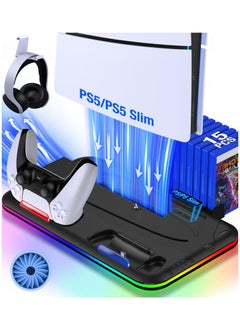 Buy PS5 Stand, PS5 Slim Stand with Cooling Station and Controller Charging Station for PS5 Slim Console Disc/Digital, PS5 Accessories-Cooling Fan, RGB LED, Headset Holder, 15 Game Slot for Playstation 5(Black/White) in Saudi Arabia