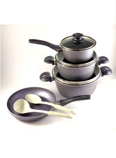 Buy 9-Piece Granite Vega Cookware Set - Glass Lids - 2 Deep Pots - 1 Sauce Pan - 1 Frypan - 1 Spoon - 1 Scoop -  Non-Stick Surface - PFOA Free -  Violet/Clear in UAE