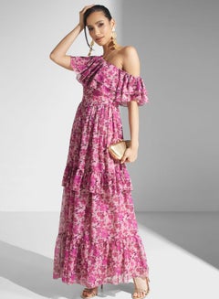 Buy One Shoulder Side Slit Printed Dress in Saudi Arabia