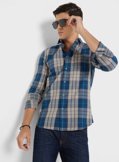 اشتري Men Teal Blue Grey Slim Fit Checked Sustainable Casual Pure Cotton Shirt في الامارات