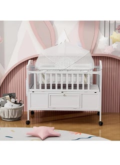 Buy 2 in 1 Baby Bed Cot with Mosquito Net, Storage Space & Wheels with Wooden Cradle for Infants Size 120x60cm in Saudi Arabia