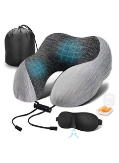 Buy Travel Pillow 100% Memory Foam Pillow, Neck Pillow for Airplane, Neck & Head Support Pillow for Sleeping Rest & Car, Travel Pillows Kit with Storage Bag, Sleep Mask and Earplugs （Grey） in Saudi Arabia