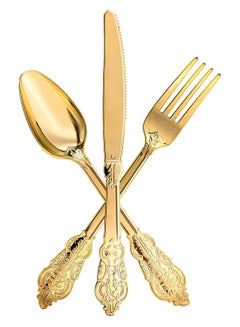 اشتري 60 Gold Plastic Silverware Set, Disposable Utensils, Including 20plastic Forks, 20 Knives, 20 Spoons, Heavyweight Cutlery Set, for Vintage Wedding Anniversary, Party Flatware Plastic, Texture of Metal في السعودية
