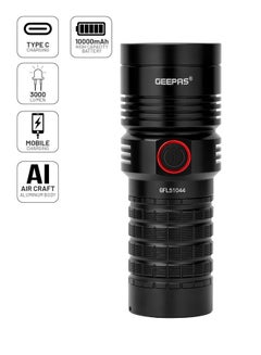 Buy Geepas 3000 Lumens Hyper Bright Waterproof LED Flashlight with Power Bank,Overcharge and Discharge Protection,Compact and Portable Design,Black in Saudi Arabia