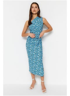 اشتري Blue Printed Fitted One-Shoulder Asymmetric Gathering and Detail Knitted Dress TWOSS23EL02182 في مصر