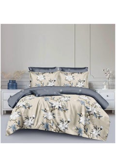 Buy 100% Cotton 6 Piece Duvet Cover Set- King Size, Includes Reversible Duvet Cover (220x240cm), Fitted Sheet (200x200cm+30 cm), 2 Pillow case & 2 Pillow Shams (48x75 +5cm), Floral Design, Beige Grey in UAE