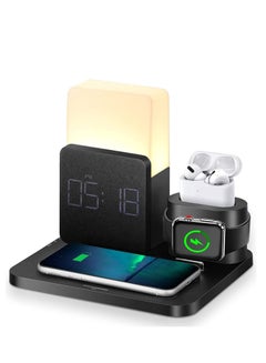 اشتري Wireless Charger,3 in 1 Fast Charging Station with Digital Alarm Clock,Night Light,Compatible for Apple Watch iPhone 13,12,11,AirPods,Samsung,Huawei في السعودية
