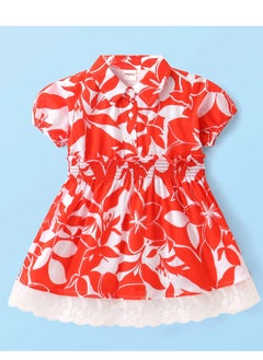 اشتري Babyhug Poplin Woven Half Sleeves Shirt Dress with Smoked & Lace Detailing Floral Print - Red & White(12-24M&2-4Y) في الامارات