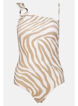 Buy Women Animal Pattern Padded One Piece Swimwear, White/Brown in UAE