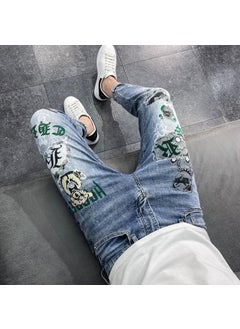 Buy Trendy Brand Printed Slim Fit Jeans for Men 2023 6639 [printing] Light Blue in Saudi Arabia