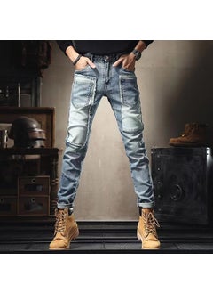 Buy Trendy Patched Skinny Jeans for Men with Pockets Light Blue 6655 Pants in Saudi Arabia