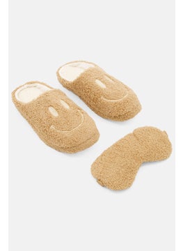 اشتري Women Embroidered Slip On Slippers With Eye Mask, Brown في السعودية