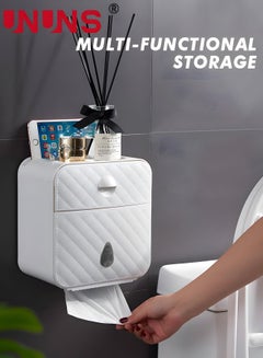 Buy Toilet Paper Holder Tissue Box Shelf, Wall Mounted Double Waterproof Tissue Box with Drawer, Large Heavy Duty Toilet Paper Roll Storage Dispenser for Kitchen Bathroom Washroom White in UAE