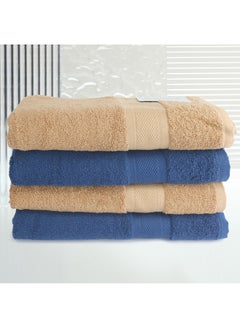 Buy 4 Piece Bathroom Towel Set NEW GENERATION 450 GSM 100% Cotton Terry 4 Bath Towel 70x140 cm Blue & Brown Color Soft Feel Super Absorbent in UAE