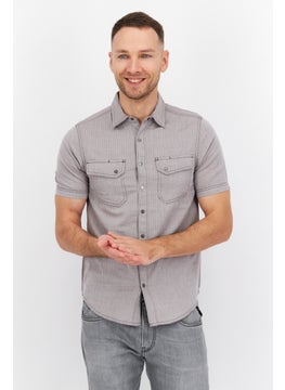 Buy Men Regular Fit Herringbone Short Sleeve Casual Shirts, Light Grey in Saudi Arabia