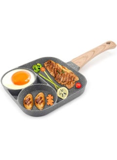 Buy 2-in-1 Nonstick Egg Steak Skillet, 3-Section Aluminum Alloy Egg Pan with Wooden Handles for Cooking Ham Omelet Egg Muffins in Saudi Arabia