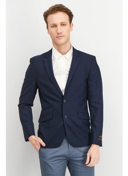 Buy Men Fitted Solid Formal Blazer, Blue in UAE