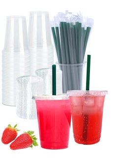 Buy 100 Sets of 16 oz Clear Plastic Cups with Lids and Straws - Perfect for Cold Drinks, Iced Coffee, Milkshakes, and Smoothies in UAE