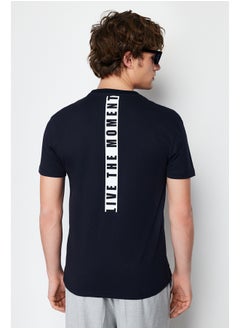 Buy Navy Blue Men's Regular/Normal Cut Back Text Printed  Short Sleeve T-Shirt in Egypt