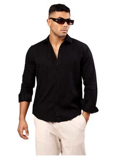 اشتري Solid Black Cotton Shirt with Buttoned Cuffs في مصر