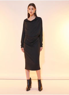 Buy Solid Cowl Neck Batwing Sleeves Midi Dress in Saudi Arabia