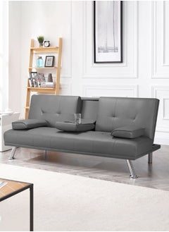 اشتري Karnak Futon Sofa Bed, Faux Leather Lounge Couch for Living Room, Convertible Upholstered Loveseat Sleeper, Small Futon Couch for Small Space w/Cup Holders and Armrest, 3 Adjustable Positions (Grey) في الامارات