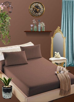 Buy Pastel Brown Cotton Single Striped Fitted Elastic Bedsheet Sets 100x200+15cm in UAE