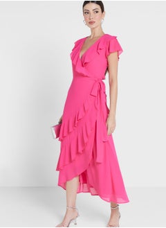 Buy Waterfall Trim Tie Detail Dress in UAE