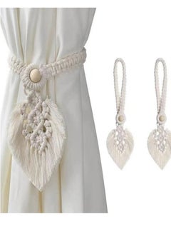 Buy 2-Piece Bohemian Home Decor Drapery Tiebacks Curtain Hooks Cotton And Linen White in UAE