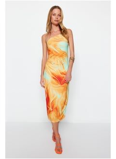 اشتري Limited Edition Orange Printed Fitted Midi One Shoulder Stretch Knitted Dress TWOSS23EL01577 في مصر