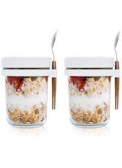 Buy 2PCS Overnight Oats Jars with Lid and Spoon,  350ml Large Capacity Airtight Oatmeal Container with Measurement Marks, Portable Jars Breakfast Container for Salads Yogurt Cereal Milk White in Saudi Arabia