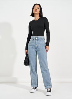 Buy High Rise Straight Fit Paper Bag Waist Jeans in Saudi Arabia