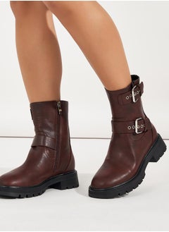 Buy Side Buckle Accent Biker Ankle Boots in Saudi Arabia