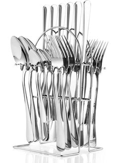 اشتري 24 Pieces Stainless Steel Cutlery Set with Holder, Mirror Polish Cutlery Set, Dishwasher Safe Cutlery Set Cutlery Set (Silver) في الامارات