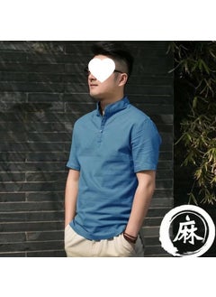 Buy Mens Summer Linen Shirt Solid Vintage Mandarin Collar Blue in UAE