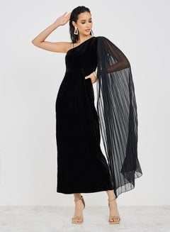 Buy One Shoulder Neck Sheath Maxi Dress with Pleated Cape in Saudi Arabia