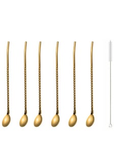 Buy Set of 6 stainless cocktail spoon straws 2 in 1 with cleaning brush in Egypt