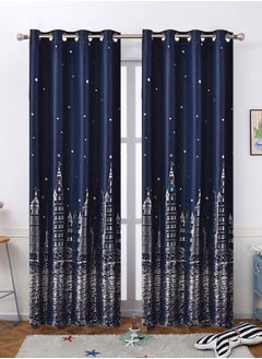 اشتري 2-Piece Castle Printed Blackout Curtain Navy Blue 100 x 250centimeter في الامارات