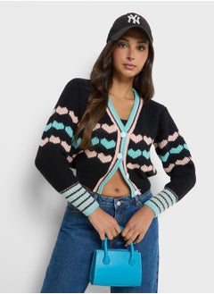 Buy Heart Print Intarsia Cardigan in Saudi Arabia