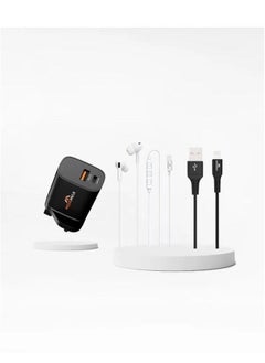 Buy 3 in1 package consisting of an iPhone cable, a wired headset and a wall charger dock in Saudi Arabia